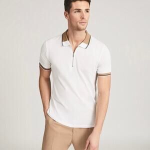 Reiss Polo Shirt Carter Egyptian Cotton White Tan Quarter Zip Short Sleeve Sz M